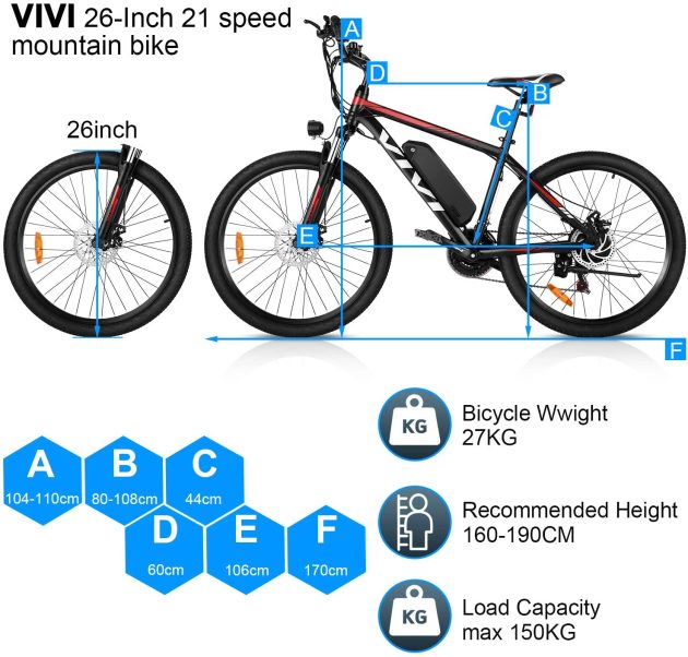 VIVI 26" 250W Vélo de Montagne électrique 36V 10,4Ah Rouge Vélo de Transport à Batterie Amovible 25MPH 21 Vitesses E-Bike Adulte – Image 6